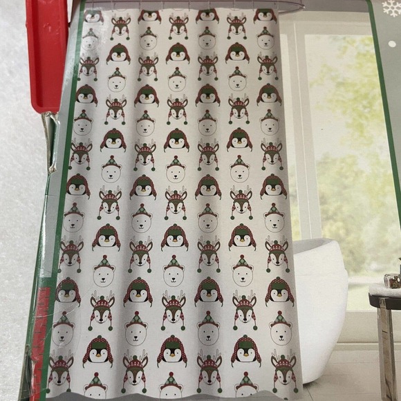 Cute Christmas Holiday Penquin, Polar Bear & Fox Peva Shower Curtain NEW 72 x 72 - Picture 2 of 3